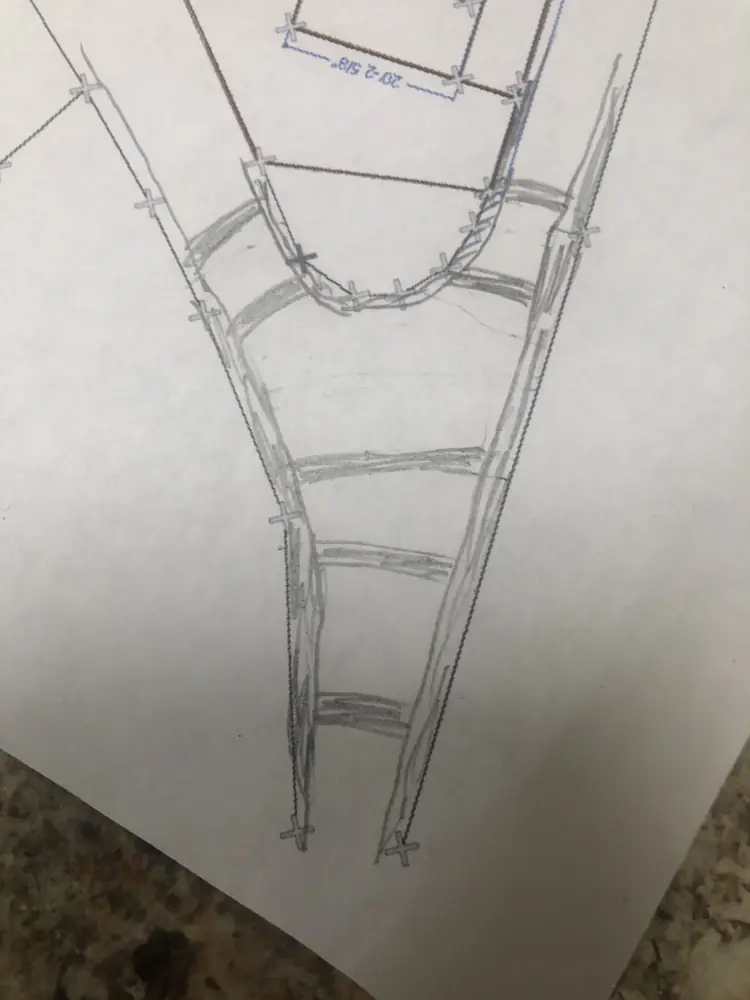 Hand-drawn layout sketch of a curved walkway